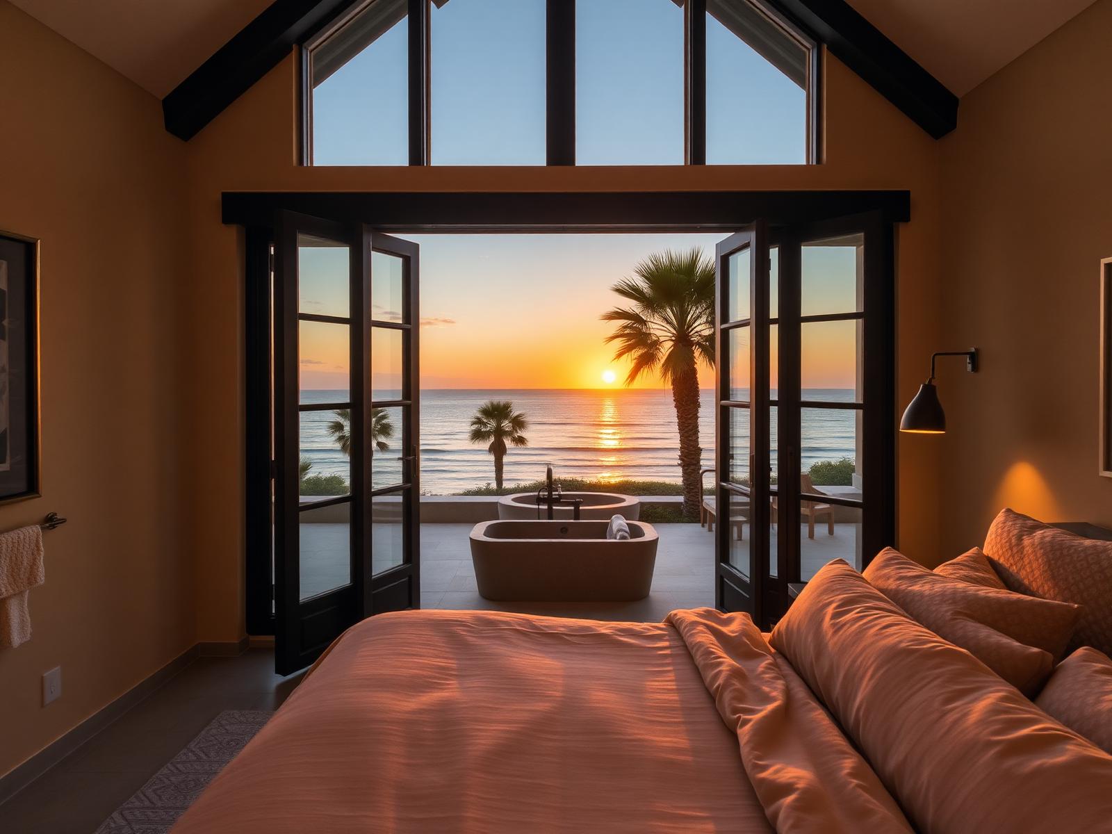 Interior of a coastal villa opening onto palms and ocean